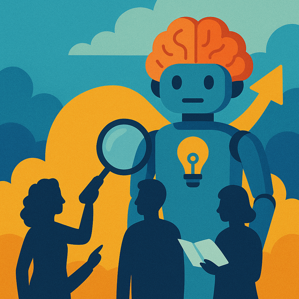 Robot with orange brain symbolizing AI growth as people analyze with magnifying glass – AI content accuracy, SEO reputation – Denver, CO
