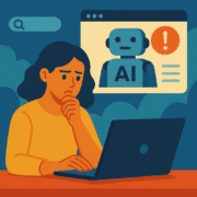 Concerned woman at laptop viewing AI robot error message about misinformation – AI reputation, business protection – Seattle, WA