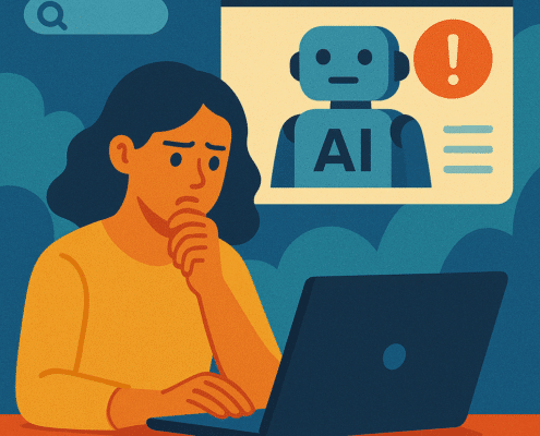 Concerned woman at laptop viewing AI robot error message about misinformation – AI reputation, business protection – Seattle, WA