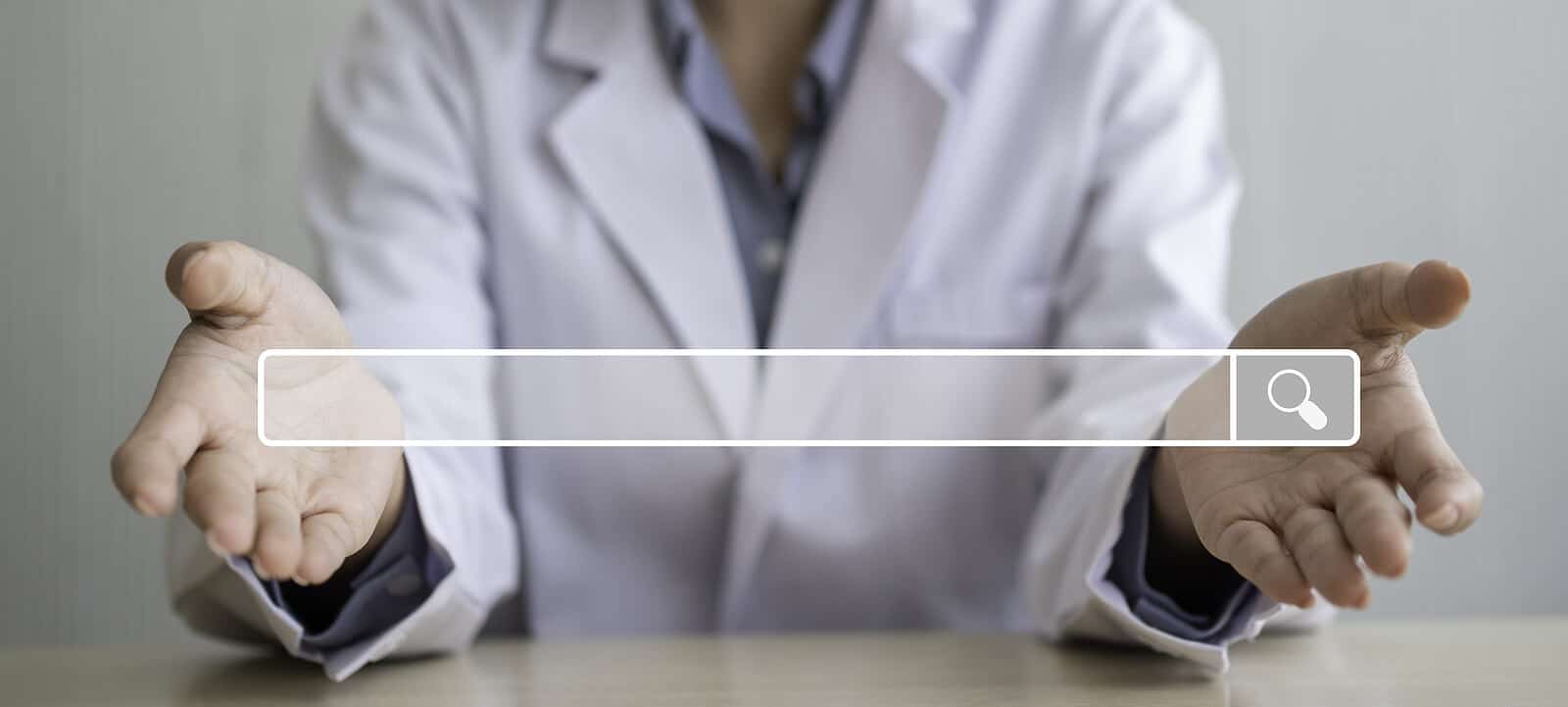 Doctor search | seo for functional medicine doctors | doctor seo consulting | medical practices seo consultant | United States A doctor holds out their hands with a digital search bar across the image. Wondering how SEO for functional medicine doctors works? A skilled medical practices SEO consultant can help you rank higher online and grow your holistic practice.