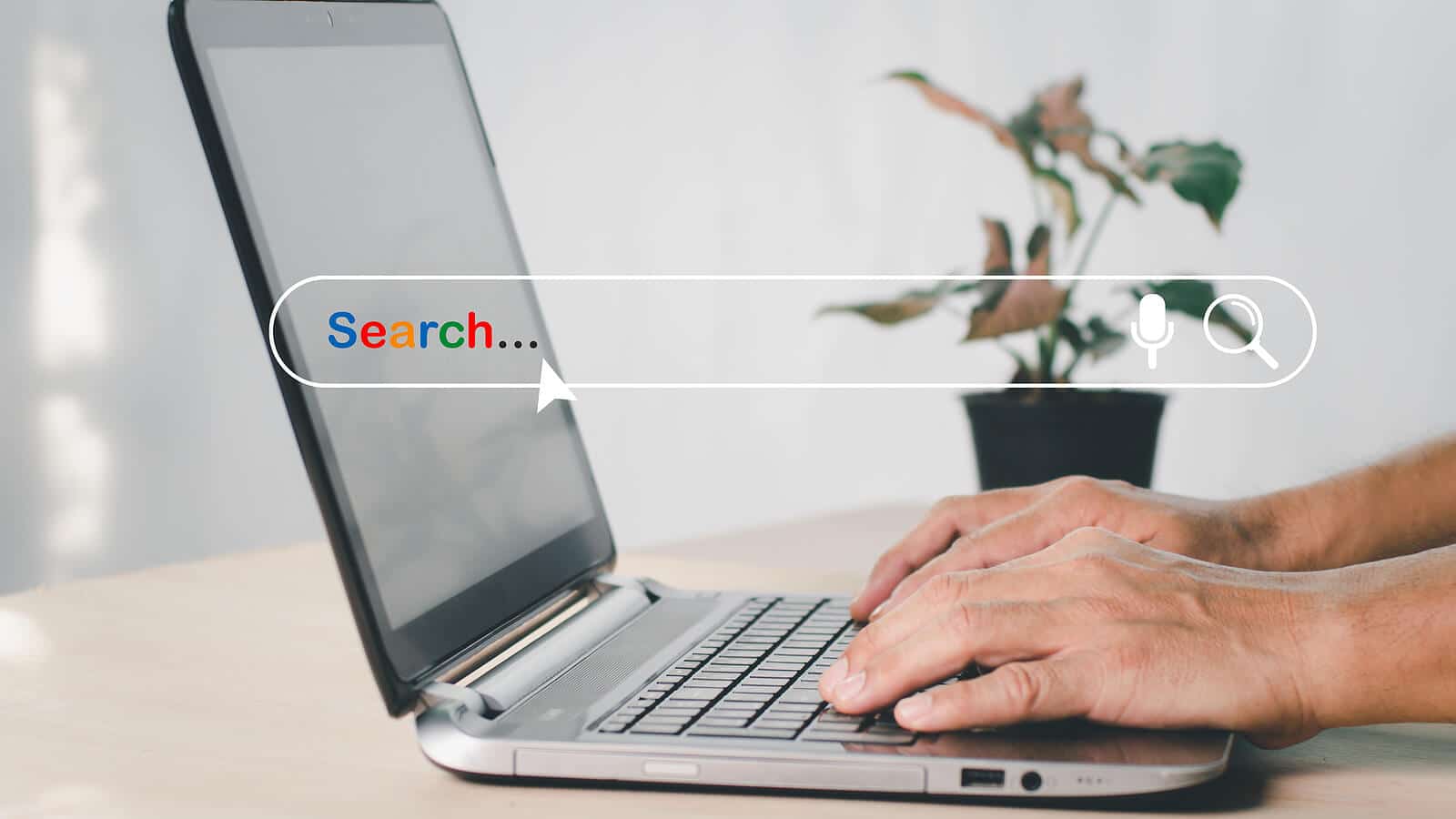 laptop search bar | functional medicine seo | seo for holistic health and wellbeing | seo for functional medicine | Oregon | Washington | Arkansas Hands on laptop with search engine bar overlay. Strengthen online visibility and patient reach with functional medicine SEO and tailored strategies.