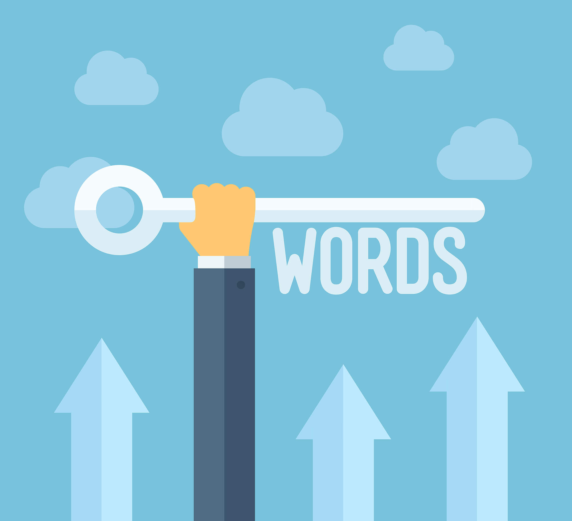 Illustration of a hand holding a large key labeled “WORDS” with arrows pointing upward. Functional medicine SEO and keyword strategy unlock online success. Collaborate with a consultant specializing in SEO for functional medicine doctors in the United States.