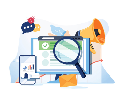 Illustration of SEO analysis with a magnifying glass, charts, and notifications. Functional medicine SEO can help your practice grow online. Work with a medical practices SEO consultant in the United States for expert support and ongoing guidance.