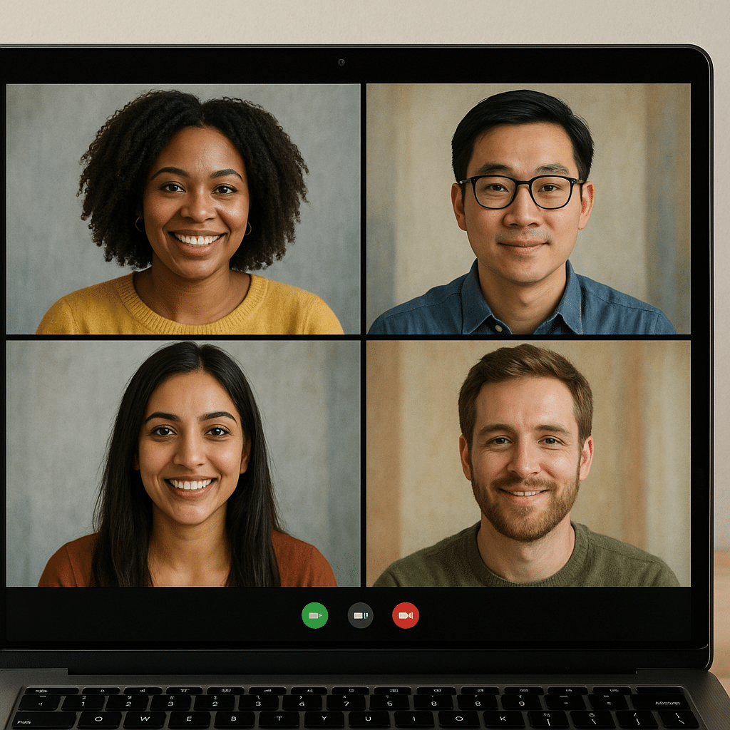 A computer screen showing four culturally diverse professionals smiling during a virtual meeting, symbolizing remote team trust building and strong small business leadership.