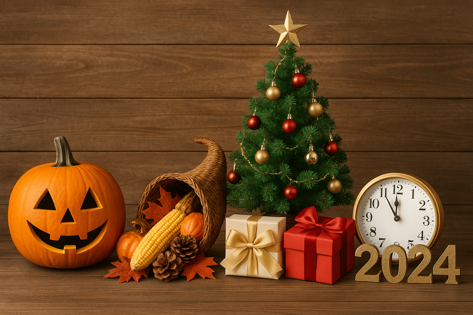 A festive display representing Halloween, Thanksgiving, Christmas, and New Year’s celebrations—capturing the warmth of small business leadership and remote teamwork through connection and gratitude.