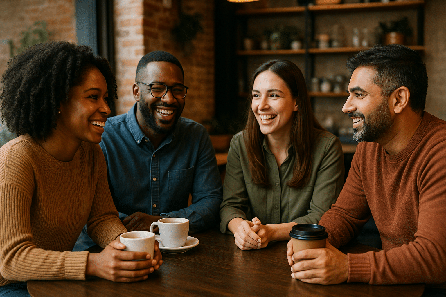 A diverse small business team connects in person at a cozy coffee shop, enjoying coffee and conversation that strengthen remote teamwork and leadership goals.