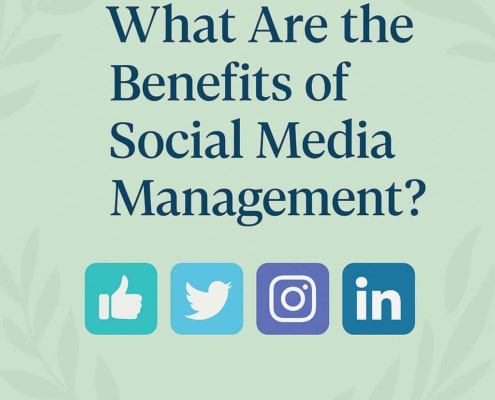 "What are the benefits of social media management?" on a green background. The benefits of social media management can help busy helping professionals. Learn more here!