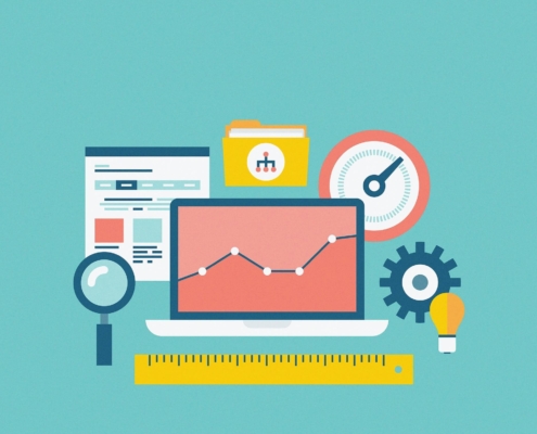 Dashboard with line graph, magnifying glass, and speedometer illustrating reasons to track data related to SEO for private practice SEO and SEO for mental health professionals.