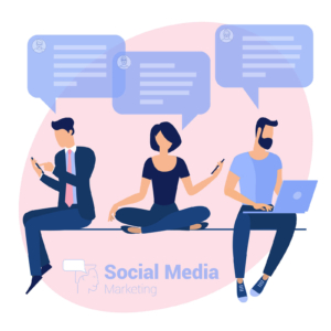 3 illustration people working on technology communicating with people. Did you know social media marketing can help you reach your ideal clients online? Explore my blog here for more info on social media management. 