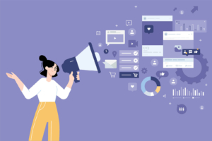 An illustration of a woman holding a microphone & social media icons coming out the other end. Representing how social media marketing is here to support your SEO efforts. Reach out today to learn more. 