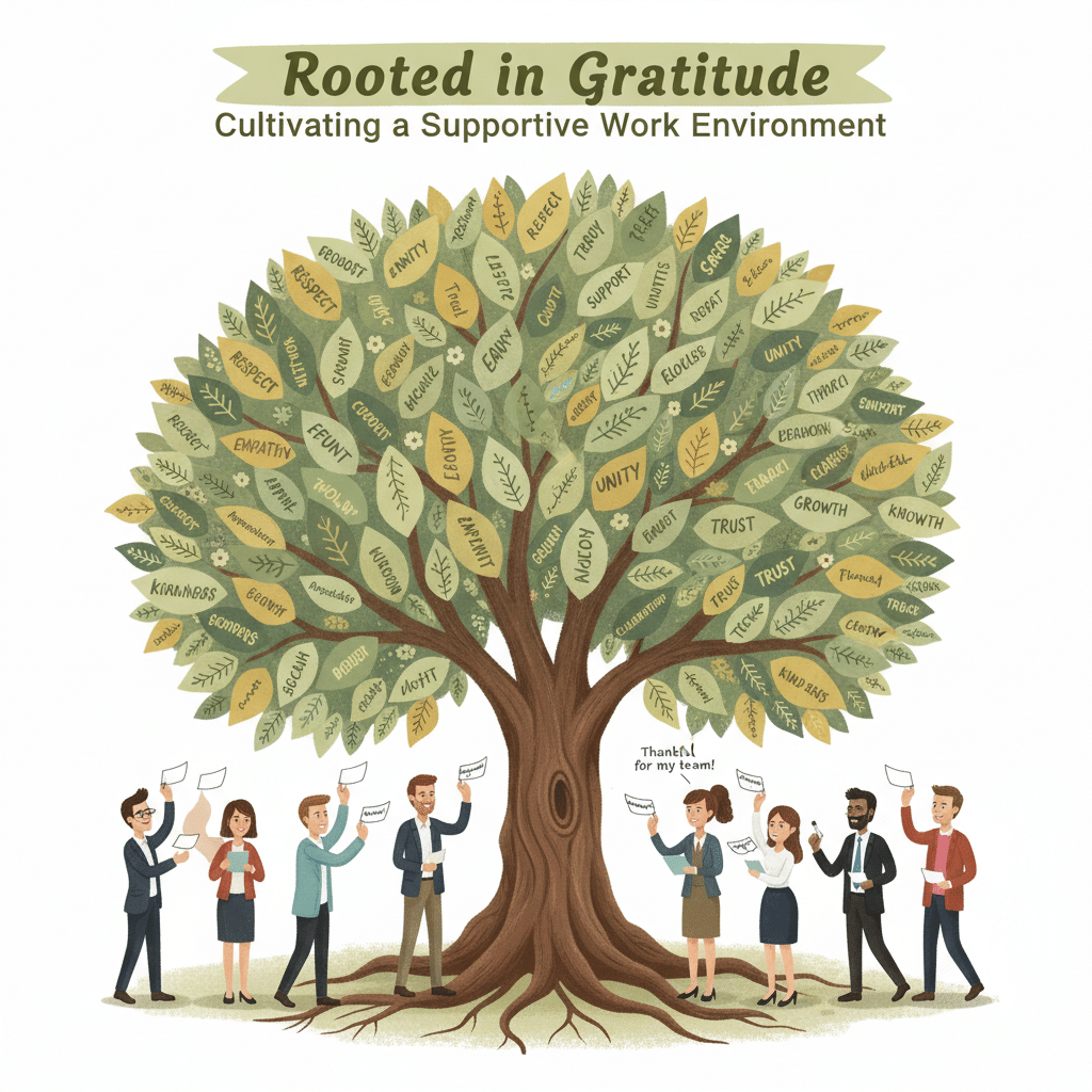 Illustration of a large tree with leaves labeled with positive workplace values like empathy, trust, and unity. People below celebrate teamwork culture and leading with gratitude to nurture cohesion in the workplace.