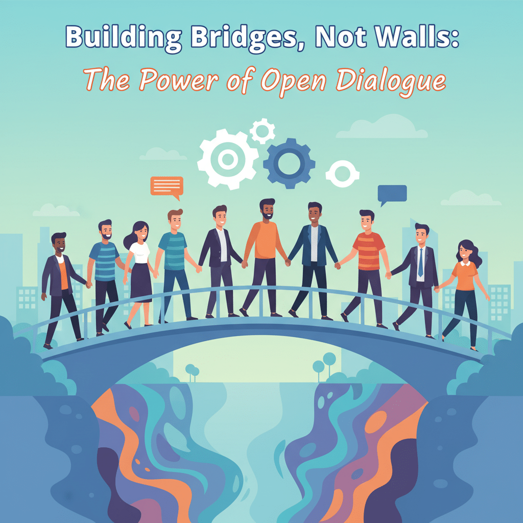 People of different backgrounds standing on a bridge, holding hands and talking, representing teamwork culture, diversity and inclusion, and leading with empathy to strengthen unity and dialogue in the workplace.