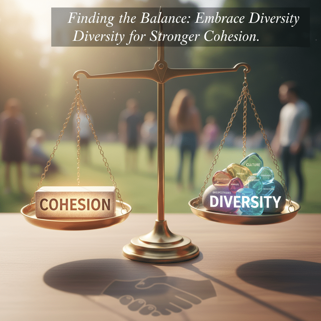 A balanced scale shows “Cohesion” on one side and “Diversity” on the other, symbolizing the harmony between diversity and inclusion, teamwork culture, and cohesion in the workplace through empathy and understanding.
