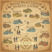 Illustration of people walking through symbolic regions like Progressive Peaks and Conservative Coasts, representing diverse political views connected by empathy. Highlights teamwork culture and empathy at work amidst political unrest.