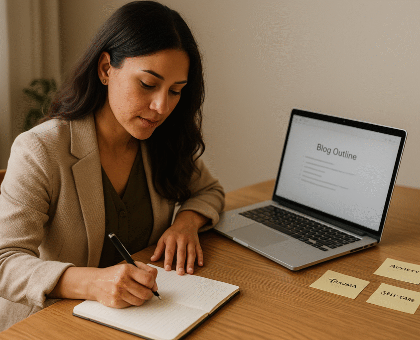 Therapist at a desk writing a blog outline beside sticky note topics, illustrating human-centered SEO for Therapists content that performs well in AEO and GEO.