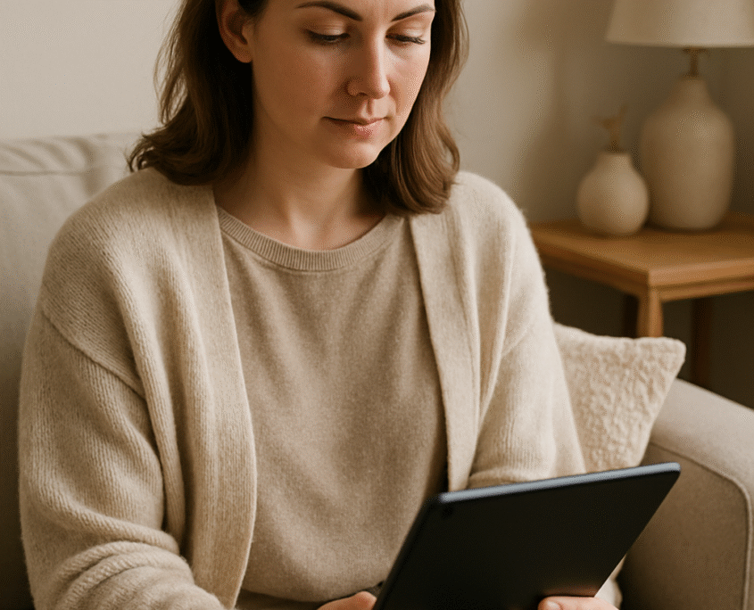 Woman relaxing on a couch while reading an AI-generated answer on a tablet, showing how AEO-driven results help clients gain clarity before choosing a therapist.