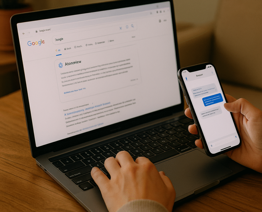 Therapist professional working on a laptop in a warm, neutral office, symbolizing how SEO for Therapists now blends traditional search with AEO and GEO in the AI era.