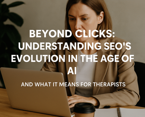 Therapist professional working on a laptop in a warm, neutral office, symbolizing how SEO for Therapists now blends traditional search with AEO and GEO in the AI era.