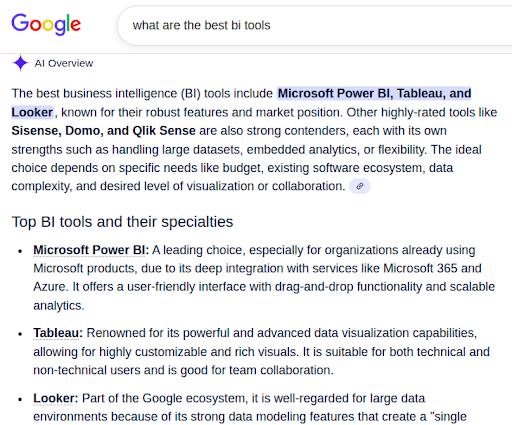 Google AI overview results screenshot, AI, Brand Tracking, SEO strategy, California, Texas, New York, United States Screenshot of a Google search showing an AI Overview panel listing BI tools, illustrating AI driven Brand Tracking insights and SEO strategy context. United States.