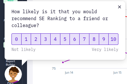 SE Ranking NPS survey pop up, AI, Small business support, Brand Tracking, Florida, Georgia, North Carolina, United States Pop up net promoter score survey in SE Ranking with a 0 to 10 rating scale, used for AI assisted Brand Tracking and small business support. United States.