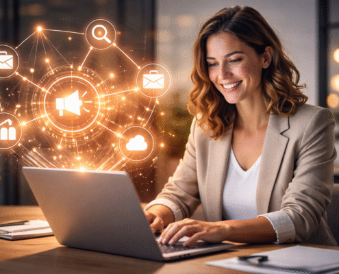 Woman using a laptop and smiling while icons pop up around her. Start finding your ideal clients and growing your private practice with SEO for therapists.