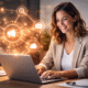 Woman using a laptop and smiling while icons pop up around her. Start finding your ideal clients and growing your private practice with SEO for therapists.