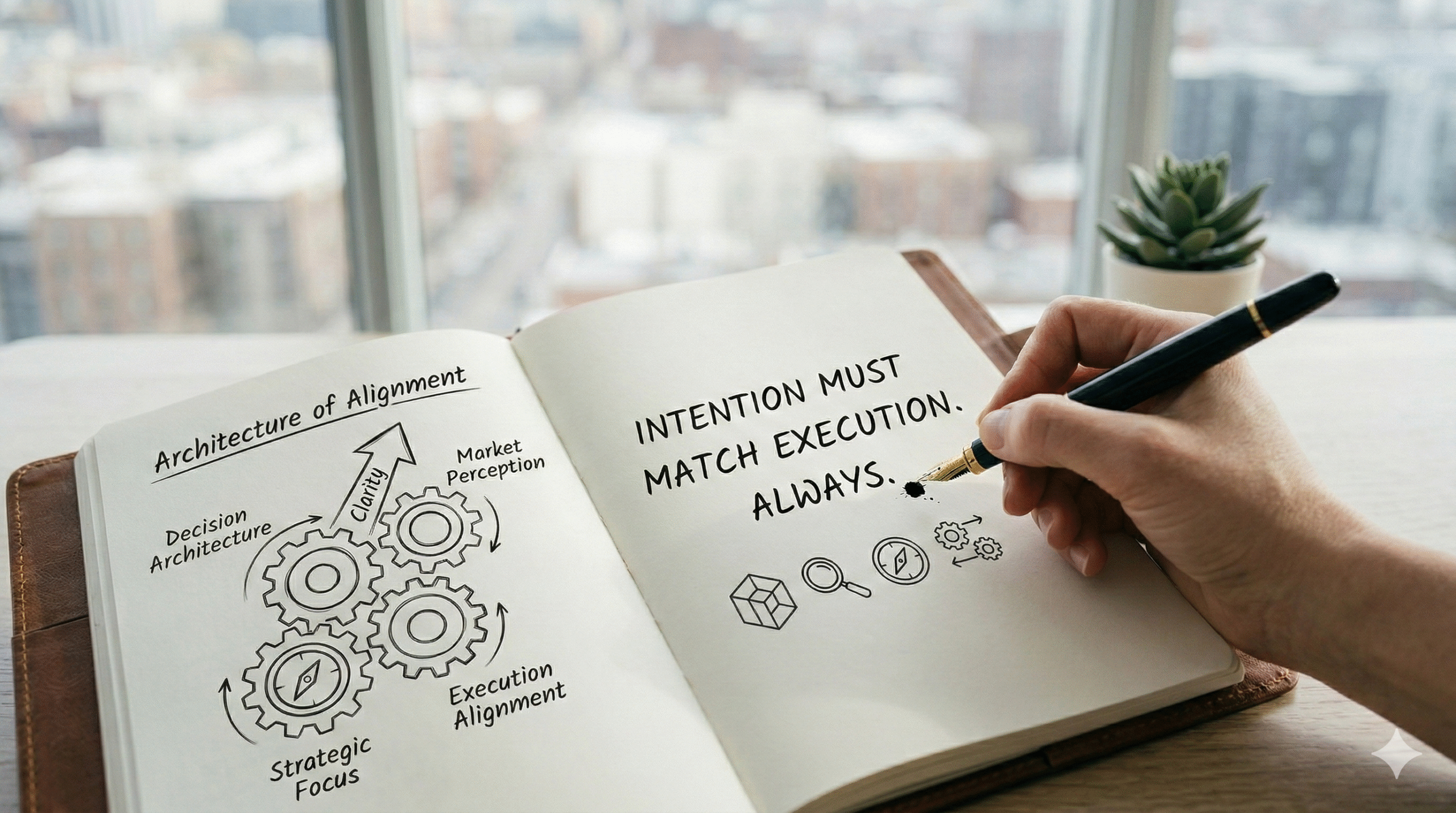 Strategic planning notebook concept – execution alignment – strategic focus – business clarity – leadership strategy – Illinois – Colorado – Georgia – United States A close-up of a handwritten notebook emphasizing execution alignment and strategic focus during a business clarity session in the United States.