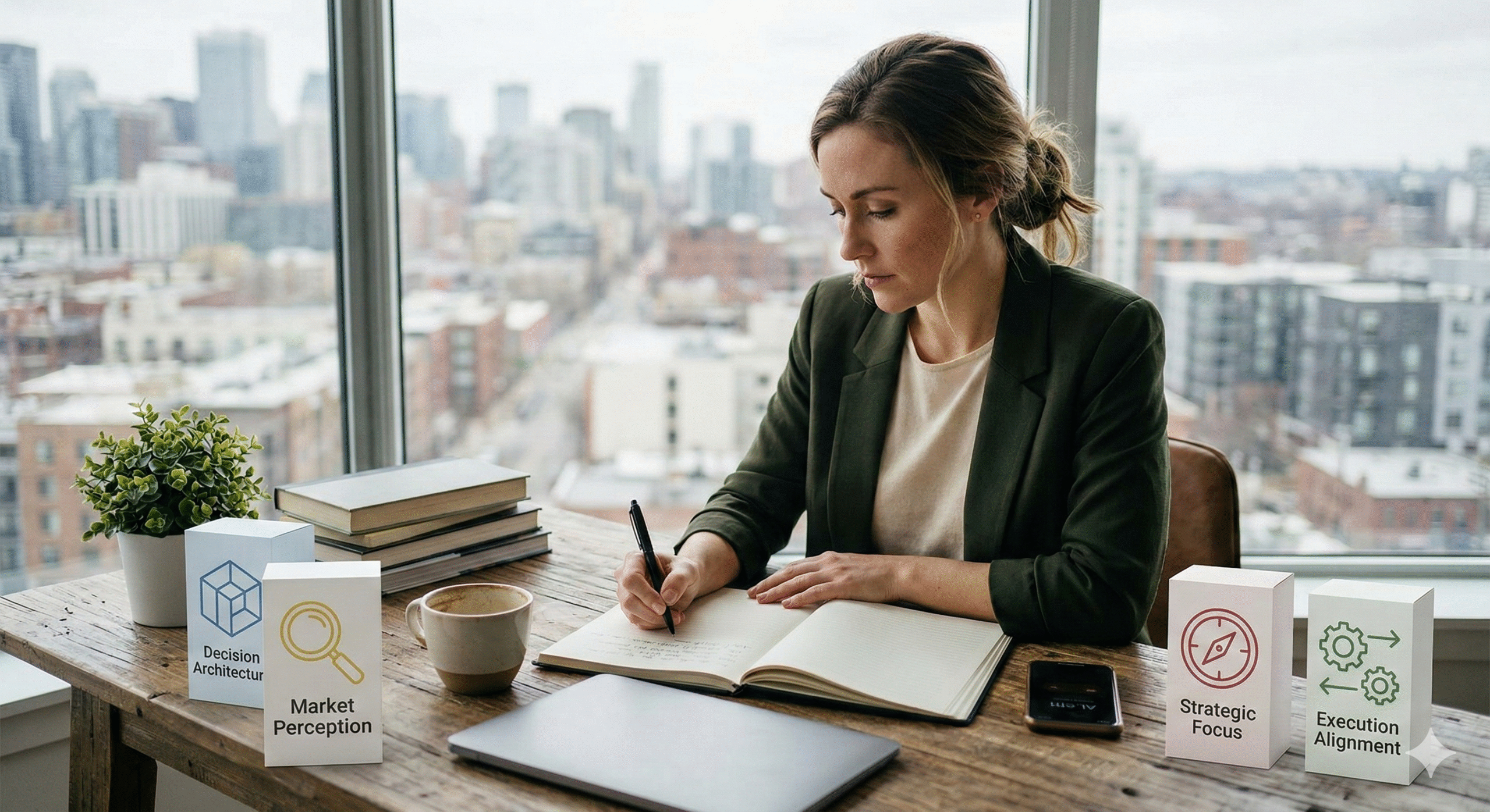 Business strategy planning session – strategic clarity framework – decision architecture – market perception – aligned growth – Texas – California – Florida – United States A business owner reviewing notes during a Strategic Clarity Framework planning session with decision architecture and market perception materials on the desk in the United States.
