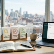 A laptop displaying performance analytics beside Strategic Clarity Framework pillars representing execution alignment and aligned marketing strategy in the United States.
