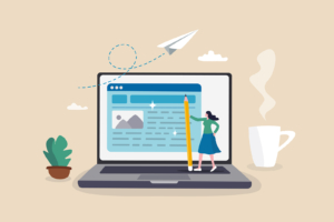 Webpage concept | seo for counselors | seo marketing for therapists | private practice seo Cartoon of a woman creating content on a large laptop screen, representing blog writing and on-page optimization. This illustrates seo marketing for therapists, private practice seo, and seo for mental health by showing how thoughtful copy and keywords help therapists connect with the right clients online.