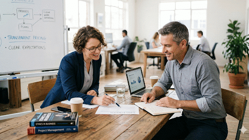 Two professionals sit together reviewing documents and discussing transparent pricing during a consultation focused on ethical business practices for small businesses in the United States.