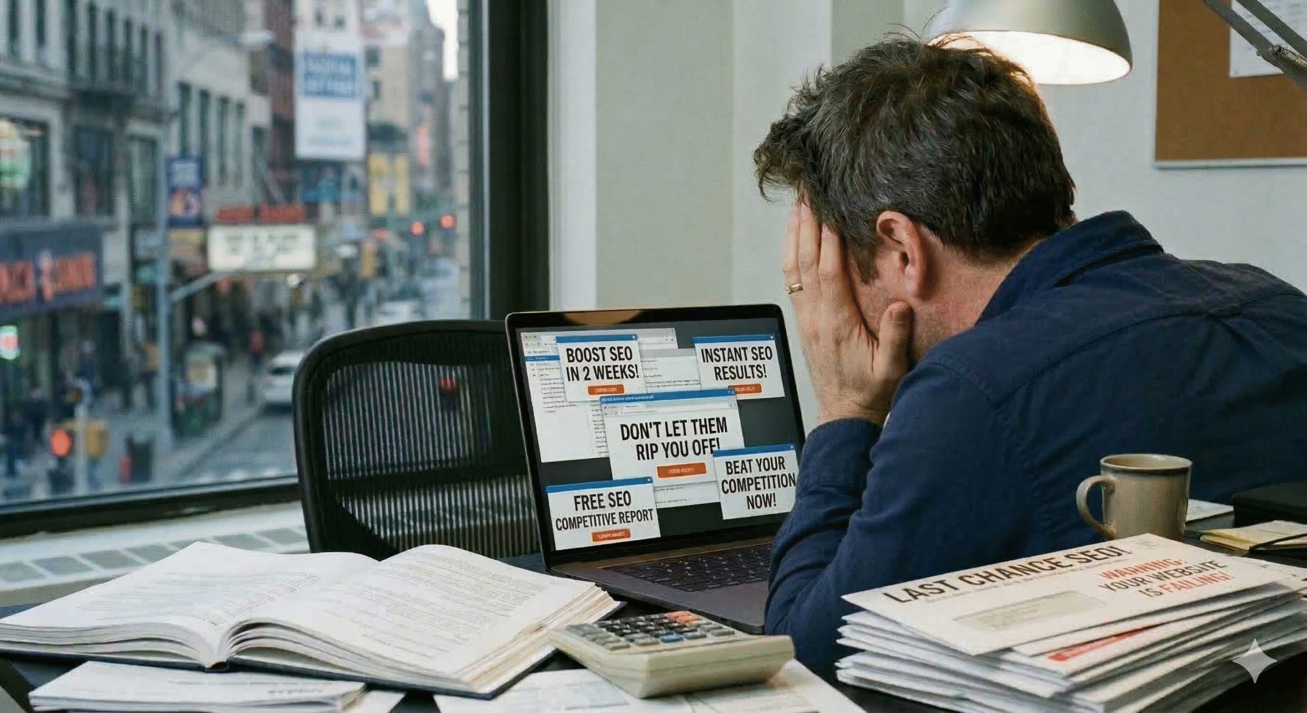 A frustrated small business owner looks at exaggerated marketing promises on a laptop while researching unethical business practices affecting small businesses in the United States.