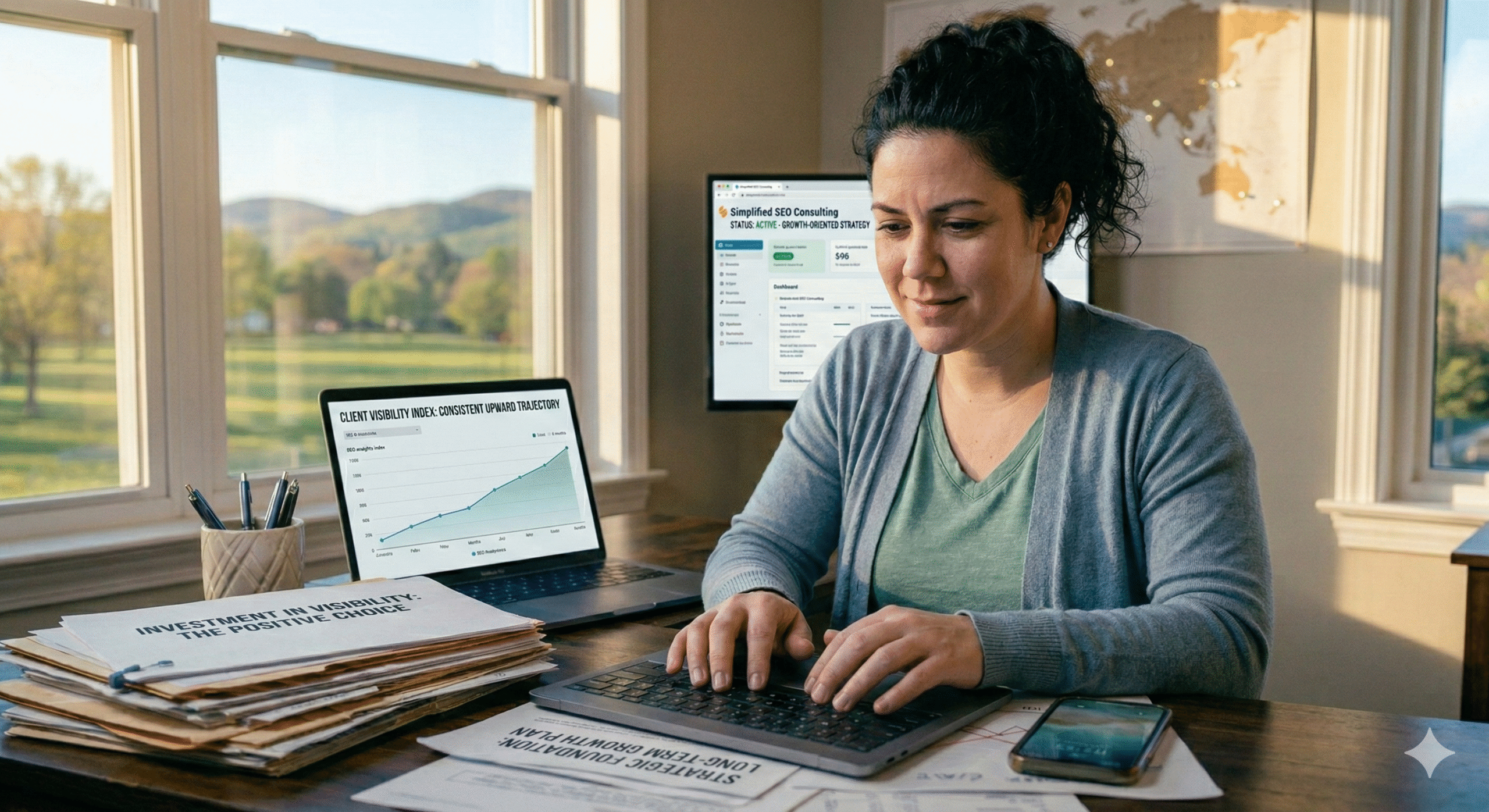 Private practice owner reviewing website analytics – therapist SEO – private practice marketing – therapy website optimization – Colorado – Oregon – Florida – United States Private practice owner reviewing website analytics and SEO performance charts on a laptop while working on therapist SEO and private practice marketing strategy to improve online visibility, United States.