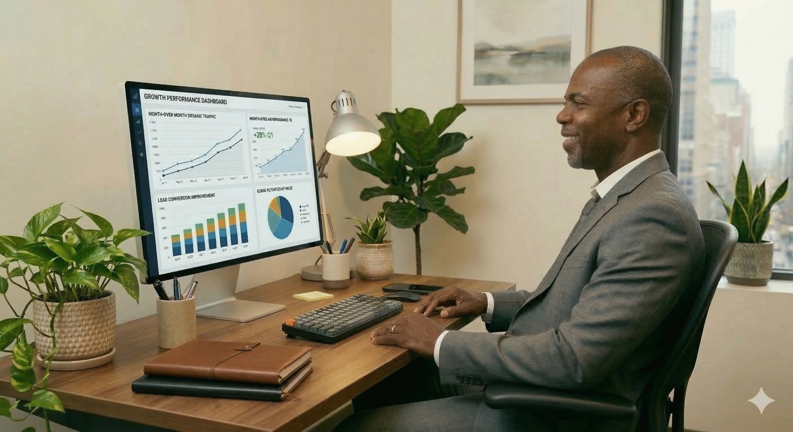 A small business owner reviews performance charts on a computer while analyzing business growth data for a service based business in the United States.