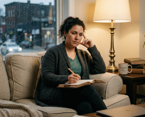 Therapist sitting on a couch writing notes and planning therapy blog topics and website content to support private practice SEO and therapist content marketing strategy, United States.