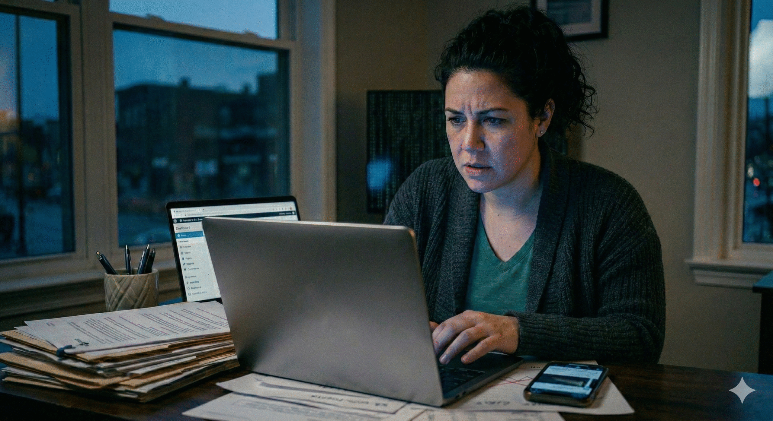 Therapist working late on practice website – therapist website SEO – private practice visibility – online marketing for therapists – Washington – Texas – Vermont – United States Therapist working late on a laptop updating their private practice website and reviewing SEO performance data to improve therapist website SEO and online visibility for therapy services, United States.