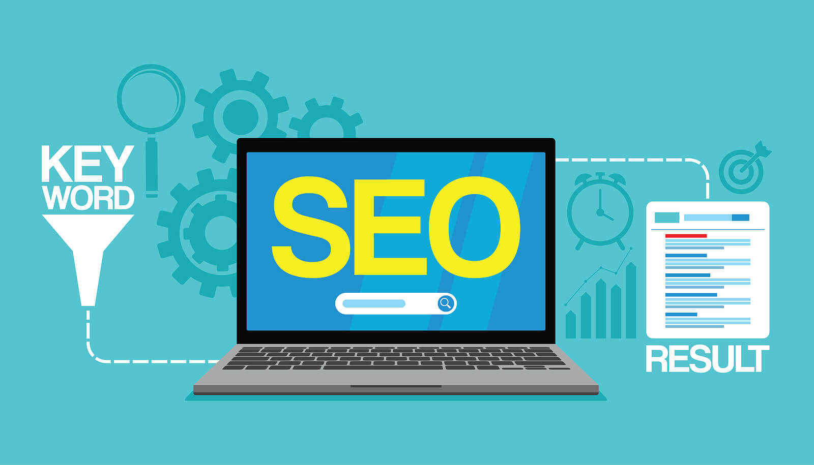 A teal illustrated graphic shows a laptop displaying "SEO" with keyword and result icons connected by dotted lines. How do keywords and SEO work together to drive real traffic to your online counseling pages? SEO for therapists turns search visibility into a steady stream of ideal clients.