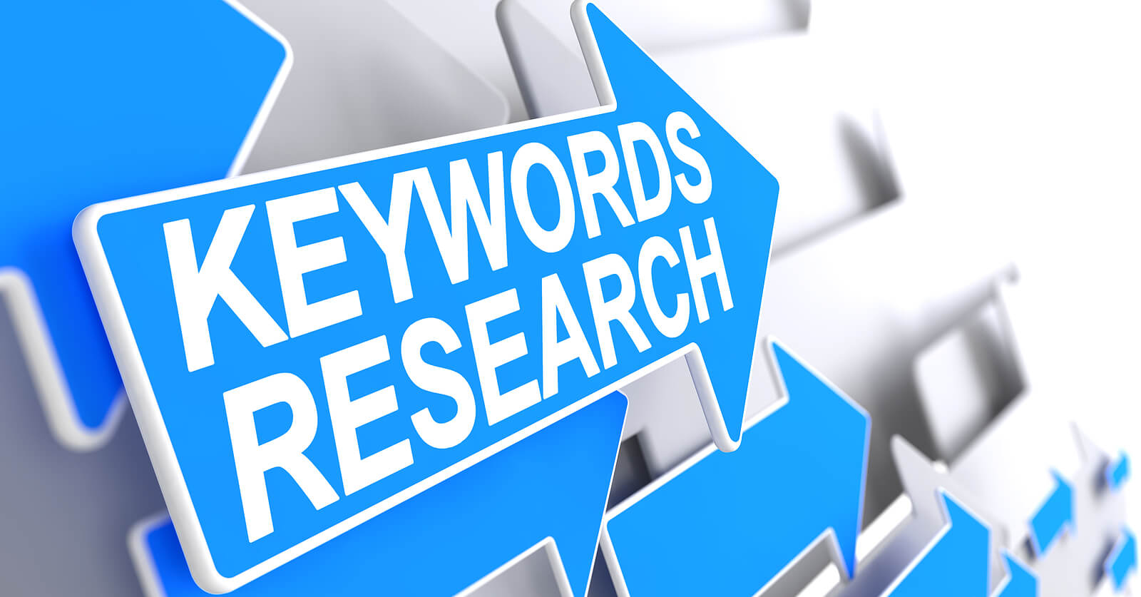 A bold blue arrow graphic displays the words "Keywords Research" pointing forward against a light background. Are you using the right keywords on your online counseling pages to attract the clients you actually want to work with? SEO services for therapists can help you get found by the right people.