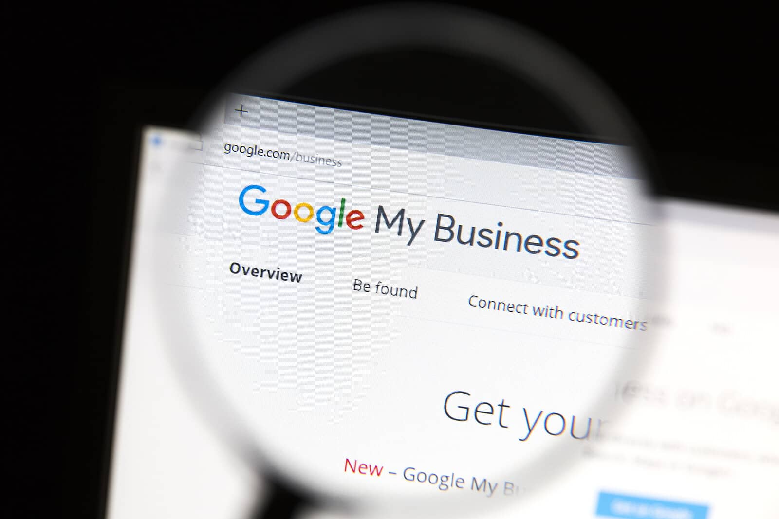 A magnifying glass zooms in on a Google My Business webpage. Is your therapy practice showing up where potential clients are actually searching? SEO services for therapists include optimizing your Google presence so you rank higher in local searches.