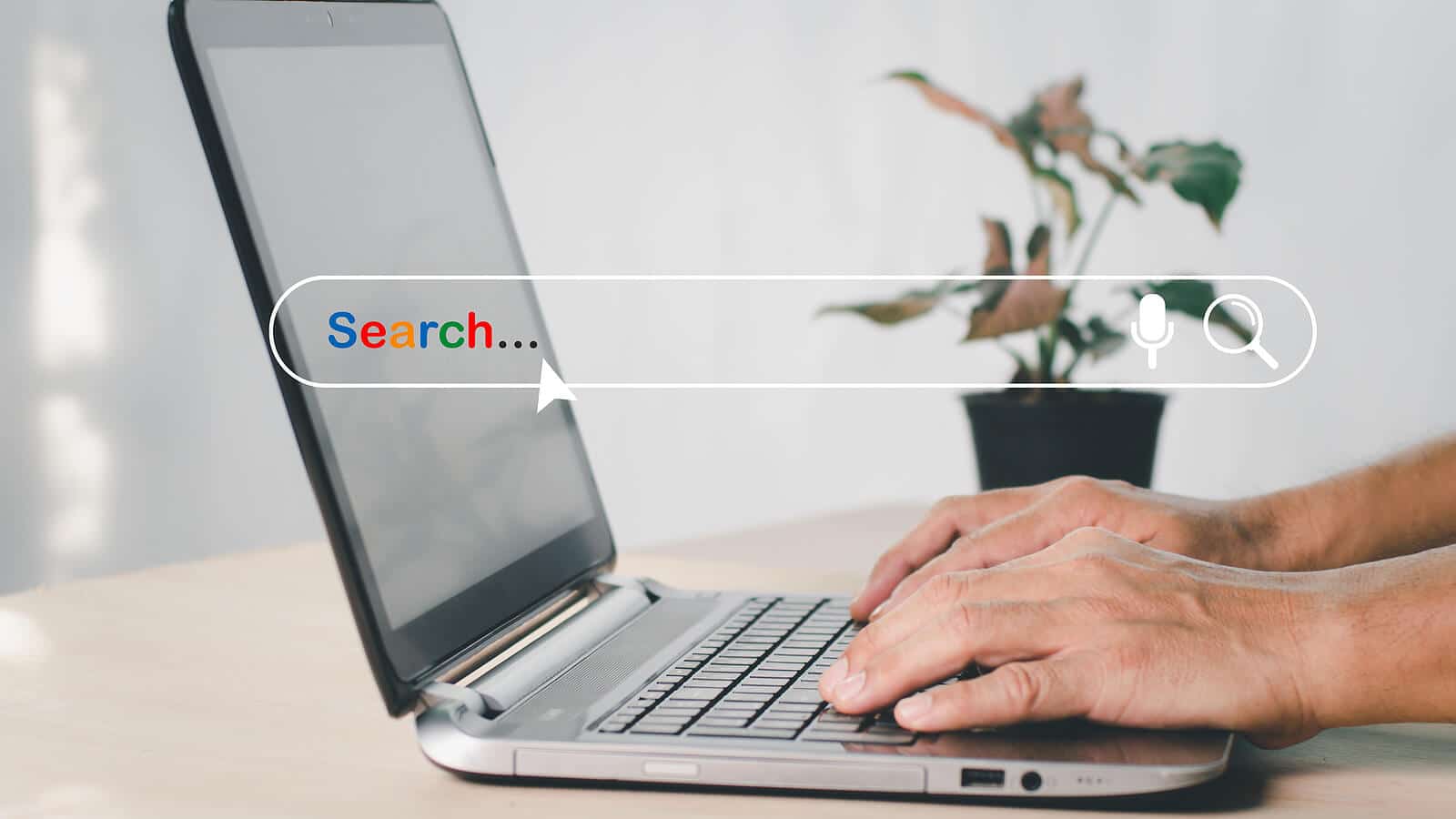 A person types on a laptop with a colorful search bar graphic. Understanding SEO can help therapists get found by the clients who need them most. Investing in SEO services for therapists is one of the most effective ways to grow your practice online.