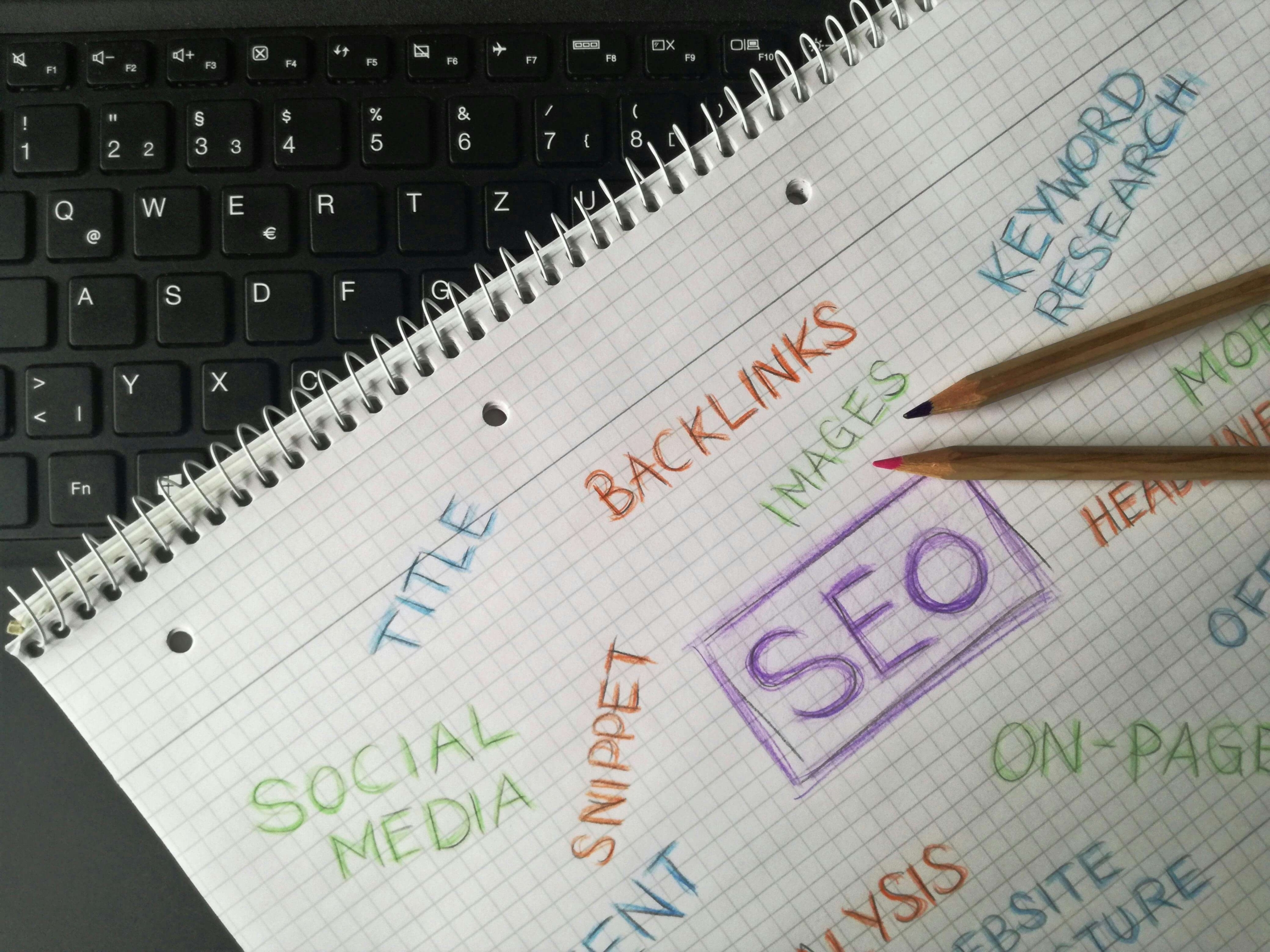 notebook | keywords for online counseling pages | seo services for therapists | seo company for counselors | Massachusetts | Rhode Island | Arkansas | Oklahoma A spiral notebook rests on a laptop keyboard with SEO related words written in colorful pencil, including keywords, backlinks, title, and social media. Understanding SEO for therapists starts with knowing the basics — and this guide walks you through every one of them.
