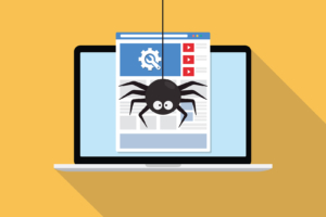 An illustrated web crawler spider descends onto a laptop screen displaying a website. Googlebot crawling behavior is at the heart of many therapist SEO issues, including the X-Robots-Tag noindex error. 