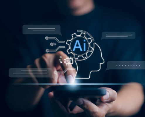 A hand points at a glowing digital illustration of a human head silhouette with an AI gear icon and chat bubbles floating around it on a dark background. Understanding what AI can and cannot do for your content is one of the most important things you can do to protect your SEO for therapists right now.