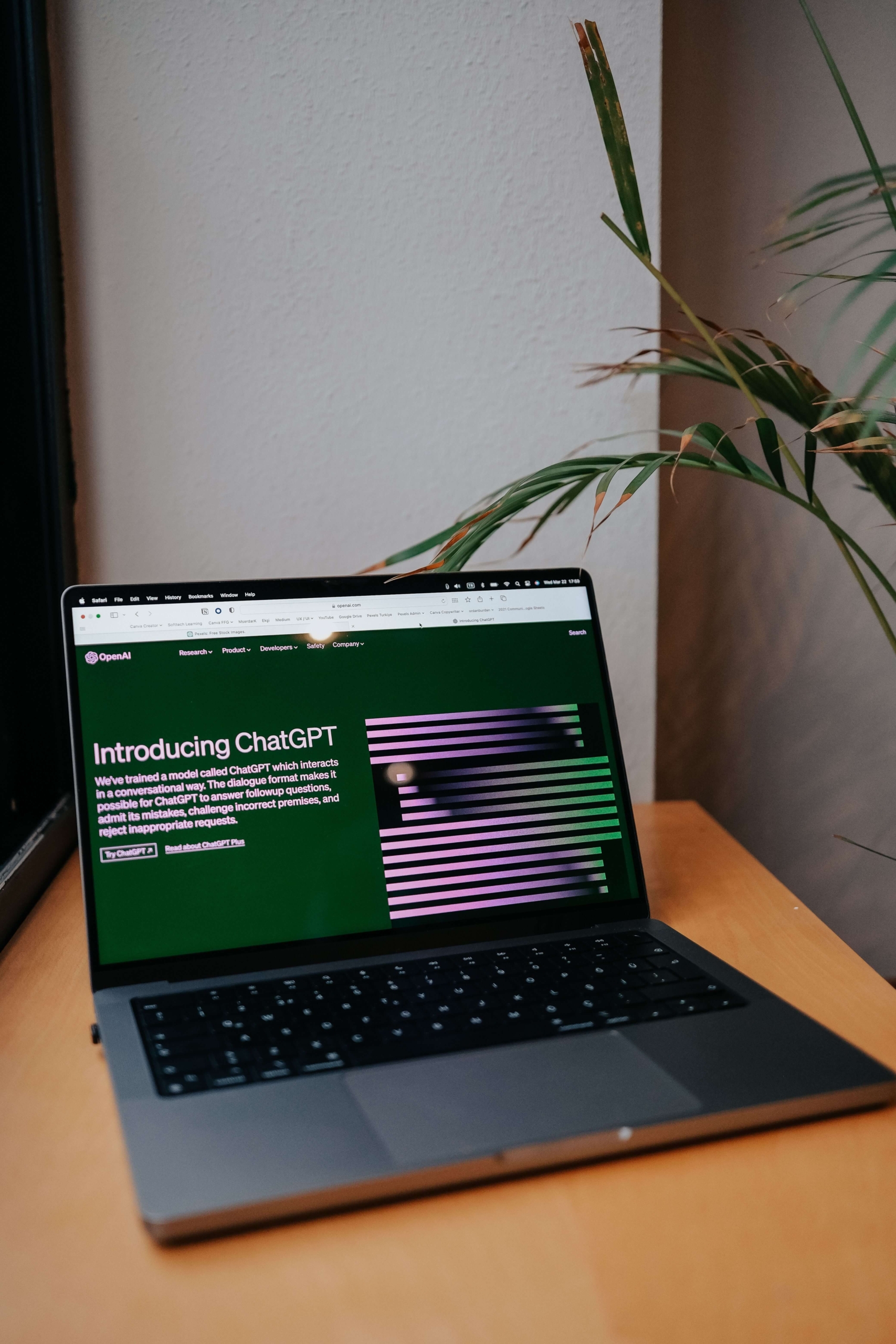 A laptop screen displays the "Introducing ChatGPT" homepage on a wooden desk. How reliable is SEO content generated entirely by AI? Therapist SEO works best when AI tools are guided by real human expertise.